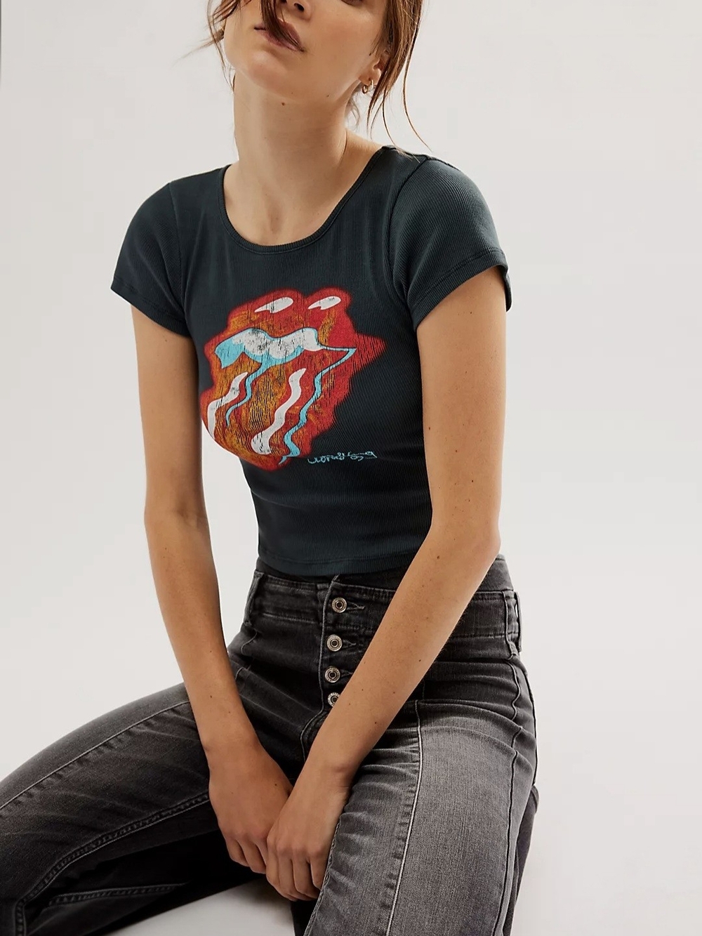 NWOT Free People Ribbed Dark Teal Rolling Stones '89 Tongue Tee
